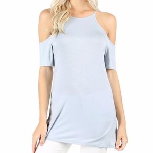 Blue cold shoulder tunic high neck solid shirt top